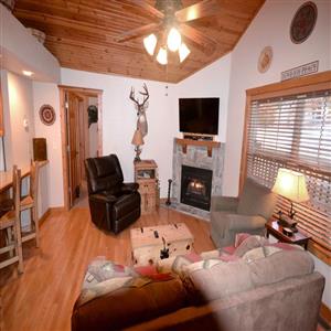 Spacious living room with fireplace.